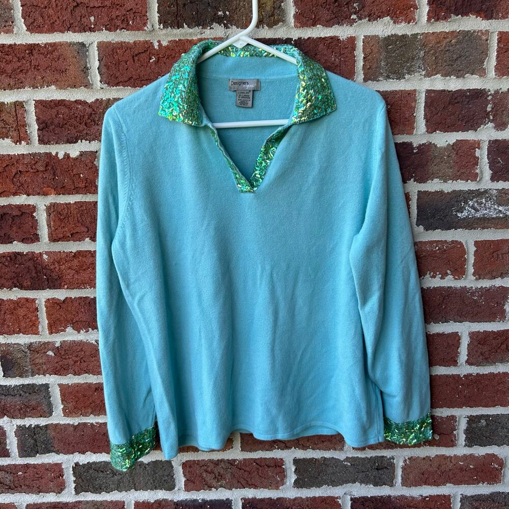Vintage Designers Original Sequin Trim Sweater Aqua Green XL